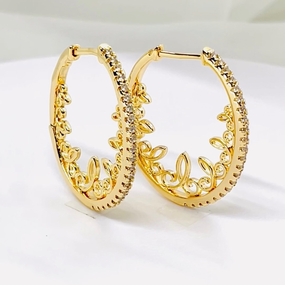 Gold Plated White Zirconia Patterned Earrings Huggie Hoop E…